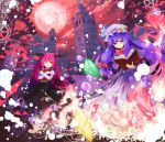  :d :o bangs bat bat_wings blue_eyes blunt_bangs blush book book_hug building butterfly clock clock_tower cloud clouds crescent crystal dress dress_shirt flower full_moon gears hat head_wings koakuma long_hair moon multiple_girls nanashina night night_sky open_book open_mouth patchouli_knowledge payot purple_dress purple_hair red_eyes red_hair red_moon redhead revision scarlet_devil_mansion shirt skirt skirt_set sky smile striped striped_dress touhou tower vertical_stripes very_long_hair vest wings 