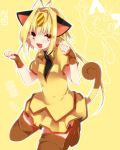  animal_ears antenna_hair blonde_hair boots brown_eyes fang fingerless_gloves gloves highres long_hair meowth open_mouth personification pokemon pokemon_(anime) skirt solo tail takeshima_(nia) thigh-highs thigh_boots thighhighs yellow_background 