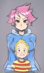  1boy 1girl blonde_hair blue_eyes blush breasts height_difference hoodie kumatora large_breasts lucas maniacpaint mother_(game) mother_3 pink_hair rough short_hair striped t-shirt 