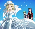  adapted_costume alternate_costume bare_shoulders blonde_hair blue_eyes blush breasts bridal_veil casual cigarette dress elbow_gloves frog_hair_ornament gloves green_eyes green_hair hair_ornament hair_tubes hat jacket jewelry kochiya_sanae leaf long_hair moriya_suwako multiple_girls open_mouth purple_hair red_eyes ring school_uniform serafuku short_hair skirt smile snake_hair_ornament touhou tyourou_god veil wedding_dress wink yasaka_kanako 