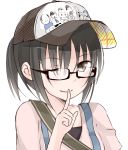  ;) black_eyes black_hair bust finger_to_mouth glasses haine hat highres looking_at_viewer original ponytail rough smile solo white_background wink 