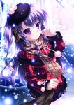  blush hat long_hair looking_at_viewer mikeou one_side_up original plaid plaid_scarf purple_eyes scarf skirt snow twintails violet_eyes 