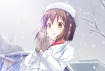  :o blush brown_eyes brown_hair coat gloves hagiwara_yukiho hat idolmaster kusuri_(medicine) short_hair sky snowing solo 