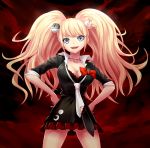  blonde_hair blue_eyes bow breasts cleavage cowboy_shot dangan_ronpa enoshima_junko hands_on_hips large_breasts long_hair miniskirt necktie no_symbol open_mouth skirt sleeves_rolled_up smile solo tonoimo twinatils twintails 
