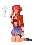  bike_shorts flat_chest hair_ornament hairclip hina_(yatagarasu) kneeling midriff open_clothes open_jacket pleated_skirt red_eyes red_hair redhead short_hair shorts_under_skirt skirt sleeves_rolled_up solo sweatband track_jacket xiz yatagarasu_(game) 