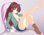  bad_feet bad_id barefoot bow breasts error feet hair_bow hoodie long_hair mahou_shoujo_madoka_magica nagamon navel open_clothes pillow ponytail red_eyes red_hair redhead sakura_kyouko shorts single_shoe solo stomach 