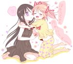  2girls :d akemi_homura alternate_costume black_hair blush bow cheek-to-cheek closed_eyes eyes_closed hair_bow hair_ribbon hug kaname_madoka long_hair long_sleeves mahou_shoujo_madoka_magica midriff multiple_girls navel nightgown open_mouth pajamas pink_hair purple_eyes ribbon short_hair sitting smile translated translation_request twintails violet_eyes wink yamada_ako 