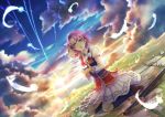  :o animal_on_shoulder cloud clouds eiyuu_densetsu falcom feathers grass klose_rinz kneeling long_skirt original pink_eyes pink_hair ryumerge short_hair skirt sky solo sora_no_kiseki sparkle sunlight 