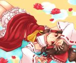  ascot bloomers bow brown_hair detached_sleeves flower hair_bow hair_tubes hakurei_reimu hand_over_face long_hair lying nugaa on_back red_eyes solo touhou 