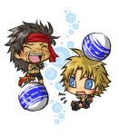  /\/\/\ 2boys anger_vein blitzball blonde_hair blue_eyes brown_hair chibi closed_eyes commentary crossed_arms dissidia_final_fantasy eyes_closed facial_hair father_and_son final_fantasy final_fantasy_x headband ichimatsu jecht laughing multiple_boys navel open_mouth scar sitting standing tidus topless 