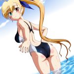  adult ass blonde_hair blush competition_swimsuit hair_ribbon heterochromia long_hair looking_at_viewer looking_back lyrical_nanoha mahou_shoujo_lyrical_nanoha_vivid one-piece_swimsuit ribbon side_ponytail smile solo swimsuit very_long_hair vivio water yosuzu 