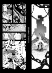  chain clenched_teeth comic eerr fang fighting head_out_of_frame kyubey mahou_shoujo_madoka_magica monochrome polearm ponytail sakura_kyouko spear tomoe_mami translated translation_request weapon 