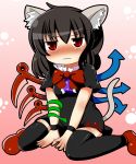  animal_ears asymmetrical_wings black_dress black_hair black_legwear blush bow bracelet cat_ears cat_tail dress flat_gaze highres houjuu_nue jewelry kemonomimi_mode looking_at_viewer motsu_(selshia12) puffy_sleeves red_eyes red_shoes shoes short_sleeves sitting snake solo tail tears thigh-highs thighhighs touhou v_arms wariza wavy_mouth wings zettai_ryouiki 