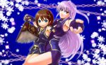  2girls armpits bare_shoulders blue_eyes brown_hair fingerless_gloves gloves hair_ribbon hand_holding highres holding_hands long_hair lyrical_nanoha mahou_shoujo_lyrical_nanoha mahou_shoujo_lyrical_nanoha_a&#039;s mahou_shoujo_lyrical_nanoha_a's mahou_shoujo_lyrical_nanoha_the_movie_2nd_a&#039;s mahou_shoujo_lyrical_nanoha_the_movie_2nd_a's multiple_girls red_eyes reinforce ribbon short_hair silver_hair skirt sleeveless snowflakes syoujinn tome_of_the_night_sky yagami_hayate 