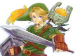  belt blonde_hair blue_eyes earrings fang gloves hat helmet imp jewelry link midna nintendo pointy_ears red_eyes shield smile sword the_legend_of_zelda twilight_princess weapon 