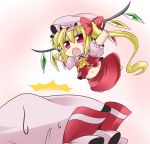  2girls ascot blonde_hair blush_stickers bow chibi fang flandre_scarlet hair_bow hat hat_ribbon ichimi long_hair midriff multiple_girls navel open_mouth outstretched_arms puffy_sleeves red_eyes remilia_scarlet ribbon shirt short_sleeves siblings side_ponytail sisters skirt surolen surprised sweat sweatdrop touhou vest wings 