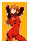  arms_behind_head arms_up blue_eyes bodysuit frown hands_in_hair long_hair looking_at_viewer neon_genesis_evangelion orange_background orange_hair plugsuit simple_background solo soryu_asuka_langley soty souryuu_asuka_langley 