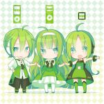  ahoge apple apple_inc. aruya aruya_(flosrota) bow chibi digital_media_player dress food fruit green hairband headphones ipod multiple_girls personification revision 