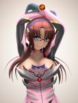  arm_up blue_eyes breasts cleavage glasses hairband highres large_breasts long_hair looking_at_viewer makinami_mari_illustrious neon_genesis_evangelion open_clothes plugsuit rebuild_of_evangelion sideboob siraha smile solo 