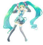  arms_up boots detached_sleeves green_eyes green_hair hatsune_miku headset long_hair necktie q-chiang simple_background skirt smile solo thigh-highs thigh_boots thighhighs twintails very_long_hair vocaloid white_background 