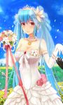  bare_shoulders blue_hair blush bouquet breasts bridal_veil cleavage cloud dress elbow_gloves flower gloves hair_ornament langod large_breasts long_hair luthica_preventer red_eyes sky smile sword_girls twintails veil wedding_dress 
