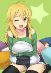  ;d amami_haruka bare_shoulders black_legwear blonde_hair character_doll collarbone green_background green_eyes hashi holding hoshii_miki idolmaster long_hair looking_at_viewer nonowa open_mouth pillow sitting smile solo star thigh-highs thighhighs wink 