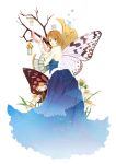  1girl absurdres bare_shoulders brown_hair butterfly_wings covering covering_breasts crown dress flower fur green_eyes highres karukan_(yude_soramame) lantern looking_back original short_hair solo stained_glass strapless_dress tree wings 