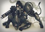  bangs black_eyes black_hair blunt_bangs bodysuit breasts crying_wolf gloves gun highres latex leaning leaning_forward long_hair looking_at_viewer metal_gear metal_gear_solid metal_gear_solid_4 power_suit rifle robce_lee skin_tight solo weapon 