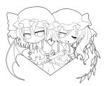  ascot bat_wings blush bow flandre_scarlet hat hat_bow hat_ribbon lineart mayura_(mayura610206) monochrome multiple_girls open_mouth puffy_sleeves remilia_scarlet ribbon short_sleeves siblings side_ponytail sisters smile touhou wings wink 