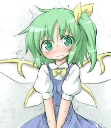  1girl @_@ blush bow daiyousei green_eyes green_hair natsu_no_koucha side_ponytail sketch solo tears touhou v_arms wings 