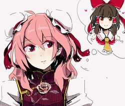  brown_hair bust double_bun hair_tubes hakurei_reimu heart ibaraki_kasen long_hair lowres multiple_girls pink_eyes pink_hair red_eyes short_hair sketch smile tabard tai0201 thinking thought_bubble touhou yuri 