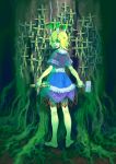  barefoot blonde_hair candle fire green_eyes green_fire hammer holding mizuhashi_parsee momiji_gari mouth_hold nail pointy_ears short_hair skirt solo touhou tree voodoo_doll waraningyou 