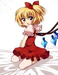  ascot blonde_hair dress fang flandre_scarlet haiiro_(immature) hair_ribbon happy_tears hat no_hat no_headwear no_shoes open_mouth pink_legwear pointy_ears puffy_sleeves red_dress red_eyes ribbon shirt short_hair short_sleeves side_ponytail sitting smile solo spider spider_web tears thigh-highs thighhighs touhou wings zettai_ryouiki 