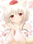 animal_ears bare_shoulders blush bust detached_sleeves fang hands_together hat inubashiri_momiji looking_at_viewer natsu_no_koucha short_hair smile solo tail tokin_hat touhou white_hair wolf_ears wolf_tail 