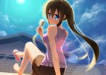  arm_support bare_legs barefoot blue_eyes blue_sky blush breasts brick_wall brown_hair building cloud clouds cloudy_sky feet food highres holding house ice_cream lens_flare long_hair looking_back original ponytail raivu revision sandals shoe_dangle single_shoe sitting skirt sky solo toes 