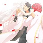  1girl ^_^ black_hair bouquet bridal_carry bridal_veil bride carrying closed_eyes dress elbow_gloves emiya_kiritsugu eyes_closed facial_hair fate/zero fate_(series) flower gloves highres husband_and_wife irisviel_von_einzbern long_hair princess_carry red_rose rose ruchi stubble veil 