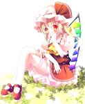  ascot blonde_hair blush flandre_scarlet hand_to_mouth hat hat_ribbon highres looking_at_viewer mary_janes red_eyes ribbon shoes side_ponytail sitting solo thigh-highs thighhighs touhou white_legwear wings zefa_(neoaltemice) 