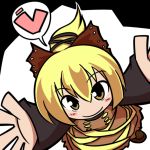  1girl blonde_hair blush_stickers bow deformed from_above hair_bow hair_ribbon heart kurodani_yamame midori_niku ponytail ribbon solo spoken_heart touhou yellow_eyes 