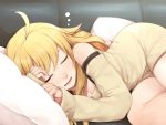  ahoge bare_shoulders blonde_hair breasts cleavage closed_eyes couch drool drooling eyes_closed hitoto hoshii_miki idolmaster long_hair lying on_side pillow saliva sleeping solo 