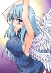  akou_roushi armpits arms_up backless_outfit blue_hair blush breasts long_hair looking_at_viewer multiple_wings purple_eyes ribbed_sweater sariel sideboob sleeveless sleeveless_turtleneck solo sweater tears touhou touhou_(pc-98) turtleneck violet_eyes white_wings wings 