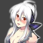  bare_shoulders blush bow breasts caffein cleavage hair_bow headphones headset highres large_breasts lips long_hair looking_at_viewer open_mouth ponytail red_eyes solo sweatdrop very_long_hair vocaloid white_hair yowane_haku 