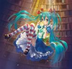  aqua_hair blush book bookshelf cup dress hair_ribbon hatsune_miku headphones holding light_particles long_hair looking_at_viewer mary_janes necktie ribbon shoes smile solo striped striped_legwear sunlight teacup thigh-highs thighhighs translation_request twintails very_long_hair vocaloid yamori_(stom) 