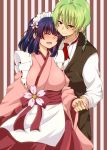  1girl blue_hair blush braid breasts closed_eyes couple eyes_closed flower gradient_hair green_hair hair_tie hand_holding highres holding_hands japanese_clothes jinguu_shion kimono large_breasts multicolored_hair natsu_hotaru open_mouth original purple_hair red_eyes short_hair single_braid smile striped striped_background vest 