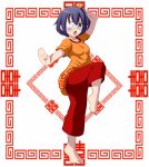  ahoge barefoot black_hair blue_eyes casual chuunibyou_demo_koi_ga_shitai! eyepatch fighting_stance niyang53 pose short_hair side_ponytail solo standing_on_one_leg takanashi_rikka 