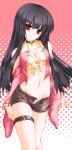  bell bell_collar belly black_hair bow bra breasts cleavage collar collarbone error halftone halftone_background houraisan_kaguya legband long_hair long_image long_sleeves looking_at_viewer midriff mound_of_venus navel open_clothes open_shirt open_shorts panties purple_panties red_eyes shiraki_kyousuke short_shorts shorts solo tall_image thigh_strap touhou underwear very_long_hair wide_sleeves yellow_bra 