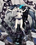  absurdres adult armpits bare_shoulders belt bikini_top black_hair black_rock_shooter black_rock_shooter_(character) blue_eyes blue_hair boots chain chains glowing glowing_eye gun highres huge_weapon keikotsu knee_boots long_hair midriff pale_skin revision scar short_shorts shorts solo twintails very_long_hair weapon 