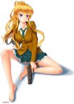  badge barefoot blonde_hair blue_eyes breasts feet gun handgun left-handed long_hair m1911 necktie number10_(hagakure) open_mouth original pistol ponytail school_uniform simple_background sitting skirt solo trigger_discipline weapon white_background 