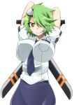  arms_up blush breasts bursting_breasts eyepatch green_hair looking_at_viewer necktie otonashi_kiruko shinmai_fukei_kiruko-san short_hair simple_background skirt smile solo sword weapon white_background yellow_eyes zanku 