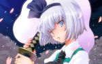  blue_eyes close-up face ghost hairband highres katana konpaku_youmu konpaku_youmu_(ghost) lips looking_at_viewer mizuki_hitoshi short_hair silver_hair solo sword touhou weapon 