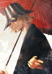  bleach blonde_hair cigarette green_eyes hat holding looking_at_viewer male mouth_hold oriental_umbrella solo suribachi_(miyabi) umbrella urahara_kisuke white_background 